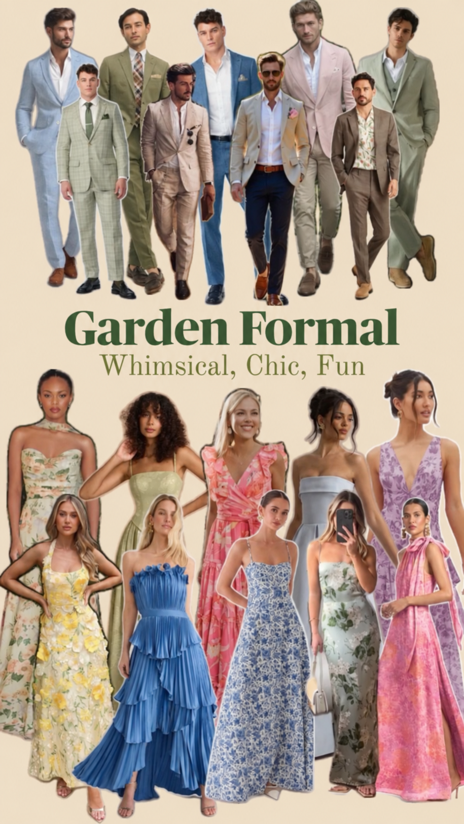 Garden formal outfit inspiration moodboard